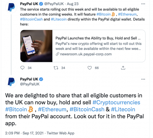 PayPal面向所有符合条件的英国用户提供BTC等四种加密货币买卖服务