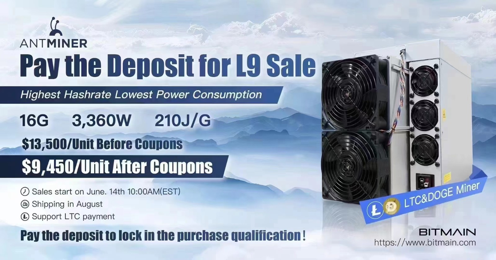 蚂蚁L9矿机现货秒发，可3挖ltc+doge+bel