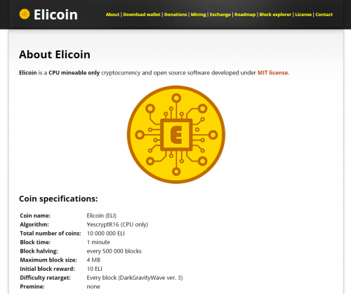 Elicoin (ELI)虚拟币，YescryptR16，只支持CPU挖矿